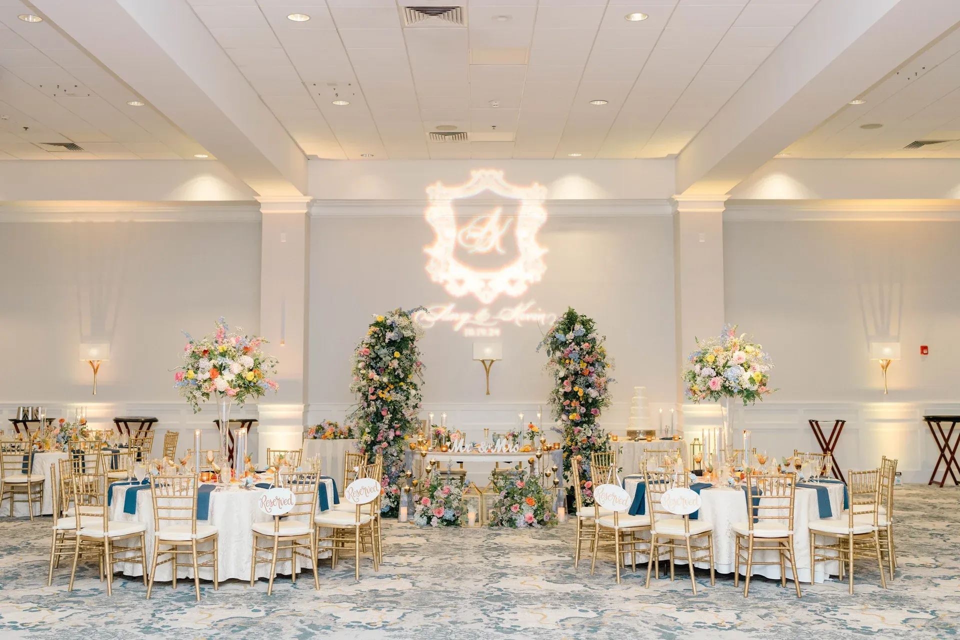 Beautifully decorated ballroom in warm elegant tones
