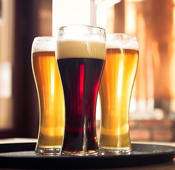 Three tall beer drafts in glasses